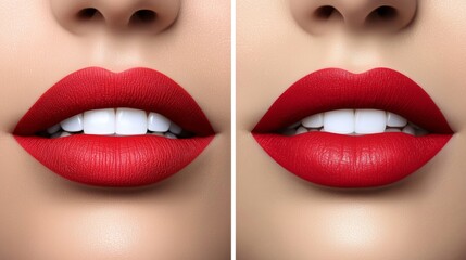 Obraz premium Close-Up View of Beautiful Lips with Bright Red Lipstick Showcasing Smooth Skin and Flawless Finish
