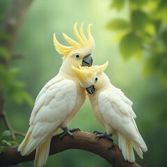 Two white cockatoos with vibrant yellow crest perched together on a branch against a blurred natural backdrop.