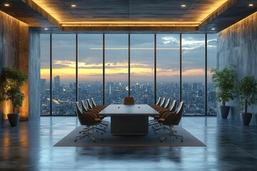 stylish minimalist office interior featuring a sleek boardroom table ergonomic chairs and a panoramic window radiating professionalism and calm elegance