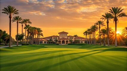 Obraz premium Golden Hour Golf Course with Lush Fairways and Elegant Clubhouse