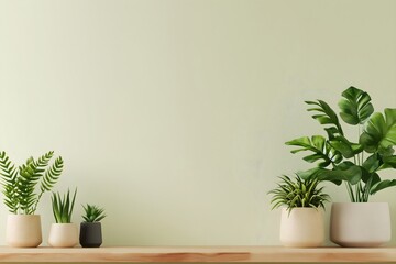 Indoor plants on wooden shelf against mint wall, horizontal, perfect for home decor stores, plant shops, interior design services and spring home refresh promotions