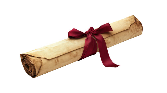Ancient Rolled-Up Diploma with Red Ribbon Tie With Transparent Background PNG. Graduation