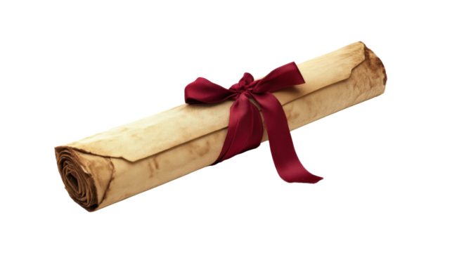 Ancient Rolled-Up Diploma with Red Ribbon Tie With Transparent Background PNG. Graduation
