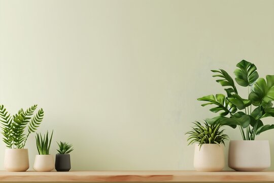 Indoor plants on wooden shelf against mint wall, horizontal, perfect for home decor stores, plant shops, interior design services and spring home refresh promotions