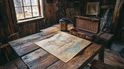 Rustic Cabin Interior with Vintage Map and Case