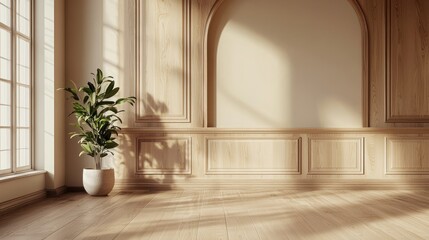 Fototapeta premium Serene Minimalist Interior Design: Sunlight Illuminates Elegant Room with Plant
