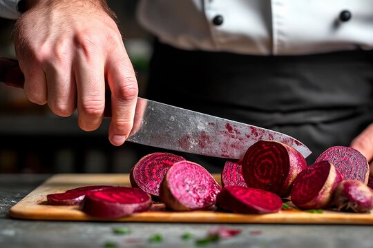 Masterful chef skillfully prepares vibrant beets on a rustic wooden cutting board in the kitchen