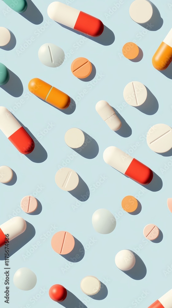 Poster colorful pills and capsules are arranged on a light blue background, casting shadows that create a v