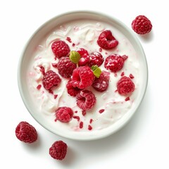 Creamy yogurt topped with fresh raspberries and crunchy raspberry crumbles offers a delightful and healthy treat