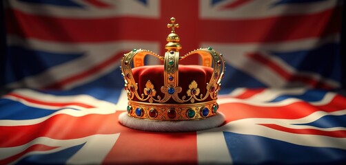 Royal golden crown rests on golden pillow. UK flag background. Symbol of British monarchy. Majestic, regal. Ceremonial image represents power, tradition of UK. Image shows crown, flag. Suitable for