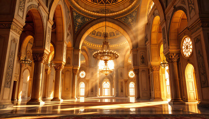 Obraz premium Grand interior of an ornate hall with high ceilings and large arched windows. Sunlight streams through the windows, creating rays of light that illuminate the space. 