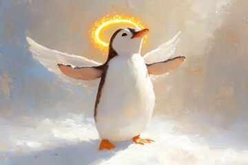 Obraz premium Majestic penguin with angel wings heavenly setting illustrative artwork ethereal atmosphere vibrant viewpoint