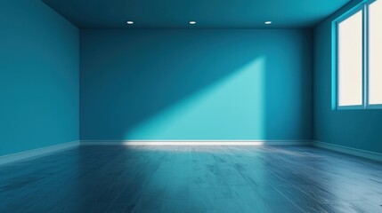 Fototapeta premium Serene Teal Room Interior Design: Empty Space, Natural Light, Minimalist Aesthetic