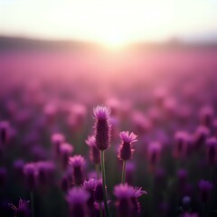 Obraz premium The image features a field of purple flowers with a blurred background, likely a sunset, creating a serene and dreamy atmosphere.