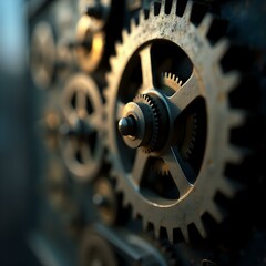 A close-up image of a gear in focus, with other gears blurred in the background.