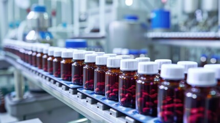 Production line of pharmaceuticals with bottles filled with red capsules in modern facility