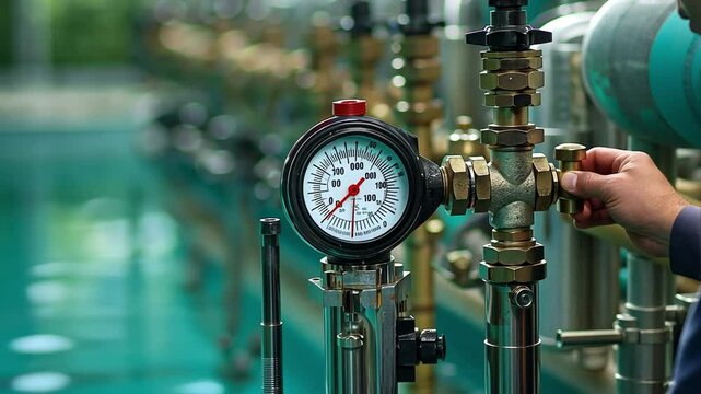 In the process of building a pool, the teamwork engineer inspects the pipeline system by using a pneumatic test to check the pressure gauge.