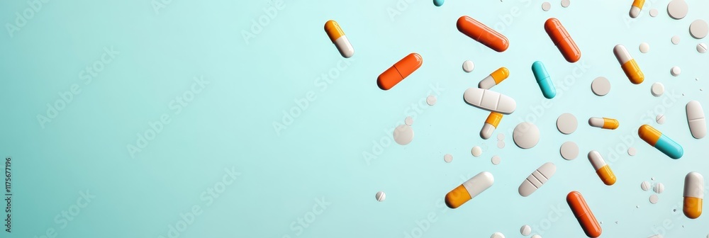 Poster assorted pharmaceutical pills and capsules in various shapes and colors are spread out on a light bl