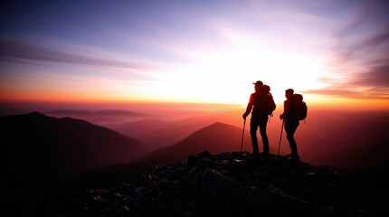 Obraz premium Two hikers, viewed from above, reach a mountain