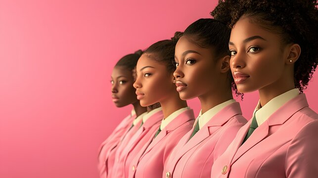 Alpha Kappa Alpha Day parade with women in pink jackets. Unity, empowerment and sisterhood celebration. Cultural heritage and African American Sorority pride on photo studio background with copy space