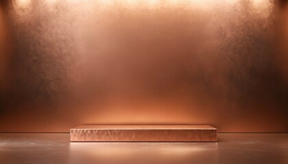 Small single slim soft copper podium with soft lighting on a brushed metallic texture background