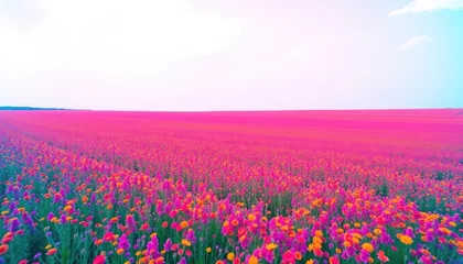 Selbstklebende Fototapeten Vibrant flower field panorama, pastel colors, nature scene, landscape image, use for background, nature art © awan toklo