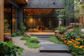 Obraz premium Modern House Courtyard Garden With Stone Pathway