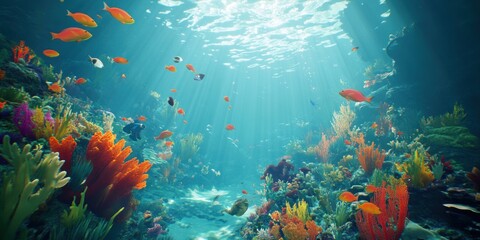 Vibrant coral reef ecosystem with colorful marine life under sunlit ocean waters