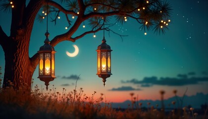 Elegant Islamic lanterns hang from tree branches at dusk. Luminous lanterns glow warmly in field of small flowers. Beautiful scene represents Ramadan Eid celebrations. Peaceful atmosphere with soft