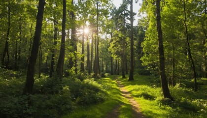 Fototapeta premium A peaceful forest scene with sunlight filtering through the trees.