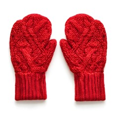 Pair of Cozy Red Knitted Winter Mittens Made from Yarn Isolated on White Background