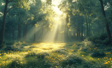 A bright sunny day in a forest with a field of yellow flowers. The sun is shining through the trees, creating a warm and inviting atmosphere