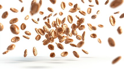 Obraz premium Floating Oat Flakes on a Bright Background Creating a Unique and Dynamic Food Concept for Health and Wellness