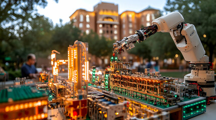 Robotic arm building illuminated city model outdoors.