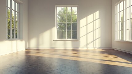 Fototapeta premium Sunlit empty room with windows modern interior minimalist design