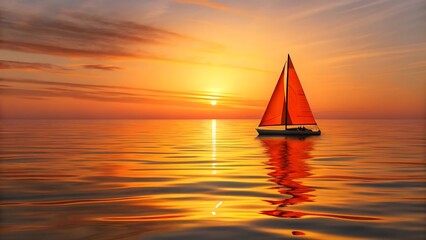 Sunset Sailboat with Vibrant Orange Sail and Sparkling Ocean Reflection