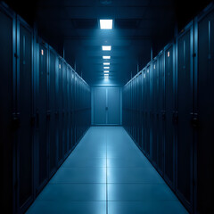 A dimly lit, long corridor of dark blue tiled floors and rows of closed black computer server racks stretches out, with a single light source casting a glow that illuminates the path.