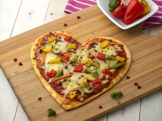 Valentine lovers day wallpaper - A heart-shaped pizza topped with vegetables and cheese on a wooden cutting boar