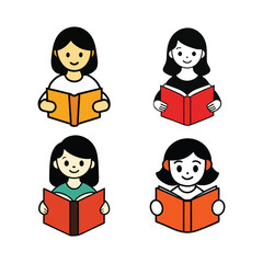 Set of a girl read a book vector art illustration