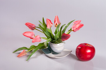 Still life with tulips in a ceramic cup and a red apple isolated on a light background.