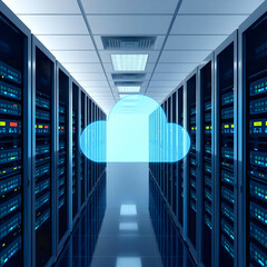 Data center with server racks in a corridor room. 3D render of digital data and cloud technology