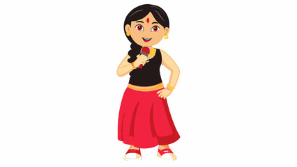 Cartoon Illustration of a South Asian Female Character in Traditional Attire Holding a Microphone