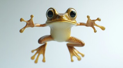 Cute cartoon frog leaping, embracing viewer.