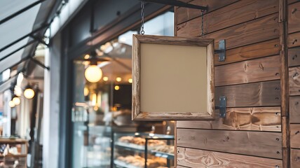 Modern Storefront Mockup with Blank Square Hanging Sign on Rustic Wooden Wall, Cozy Street Background