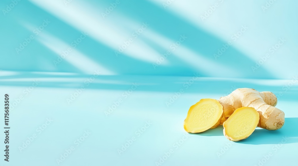 Poster Fresh ginger root with two slices on a light blue surface with soft shadows creating a serene and healthy atmosphere, ideal for promoting natural remedies or culinary uses