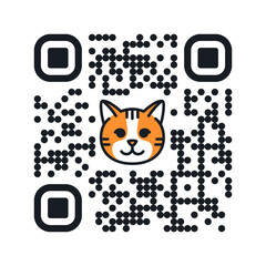 Smartphone readable QR code Meow with cat face icon. Vector illustration