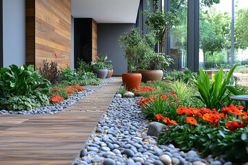 Fototapeta premium Modern Interior Garden Pathway Design With Plants And Stones
