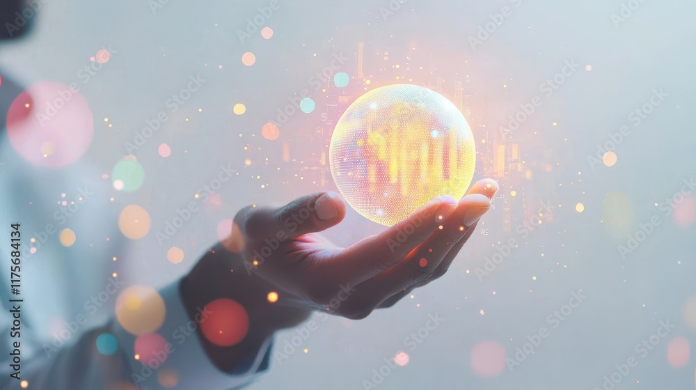 Poster man holding a glowing orb with data visualizations and abstract background of colorful bokeh lights