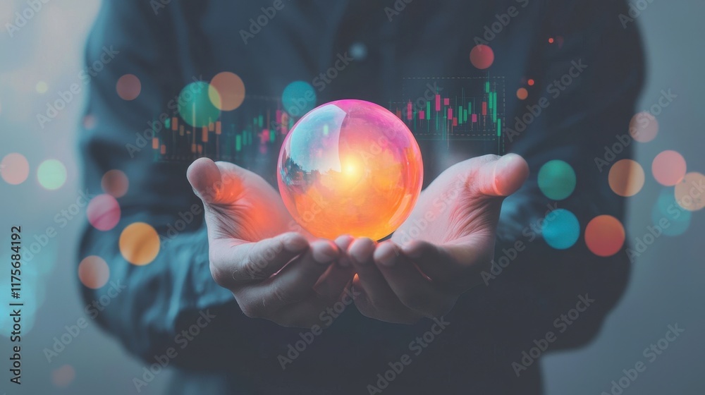 Poster hands holding a crystal ball with data visualization and abstract bokeh background for business fore