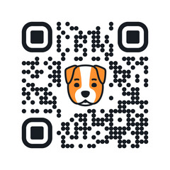 Smartphone readable QR code Woof with dog face icon. Vector illustration